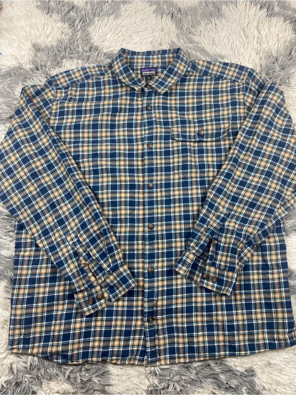Patagonia Fjord Flannel Shirt Mens XL Brown Blue Plaid Organic Cotton Button Up